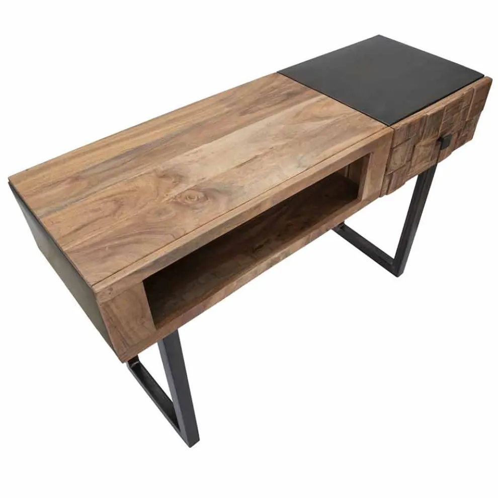 Konsolentisch aus Eisen und Akazienholz mit Design-Schublade - Dena