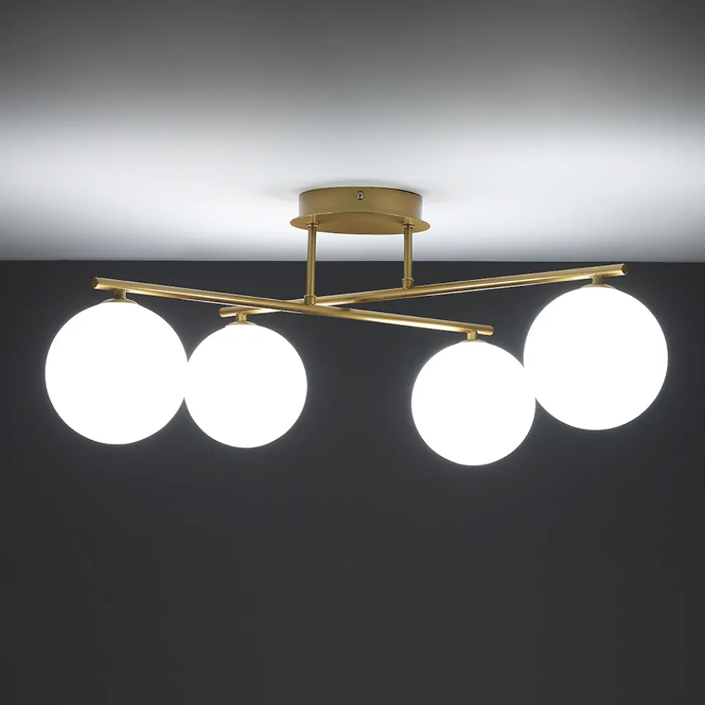 Kronleuchter aus metallischem Goldmetall und 4 weißen Glaskugeln - Venedig