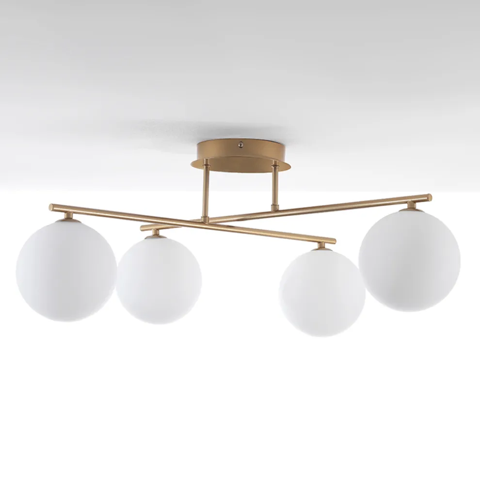 Kronleuchter aus metallischem Goldmetall und 4 weißen Glaskugeln - Venedig