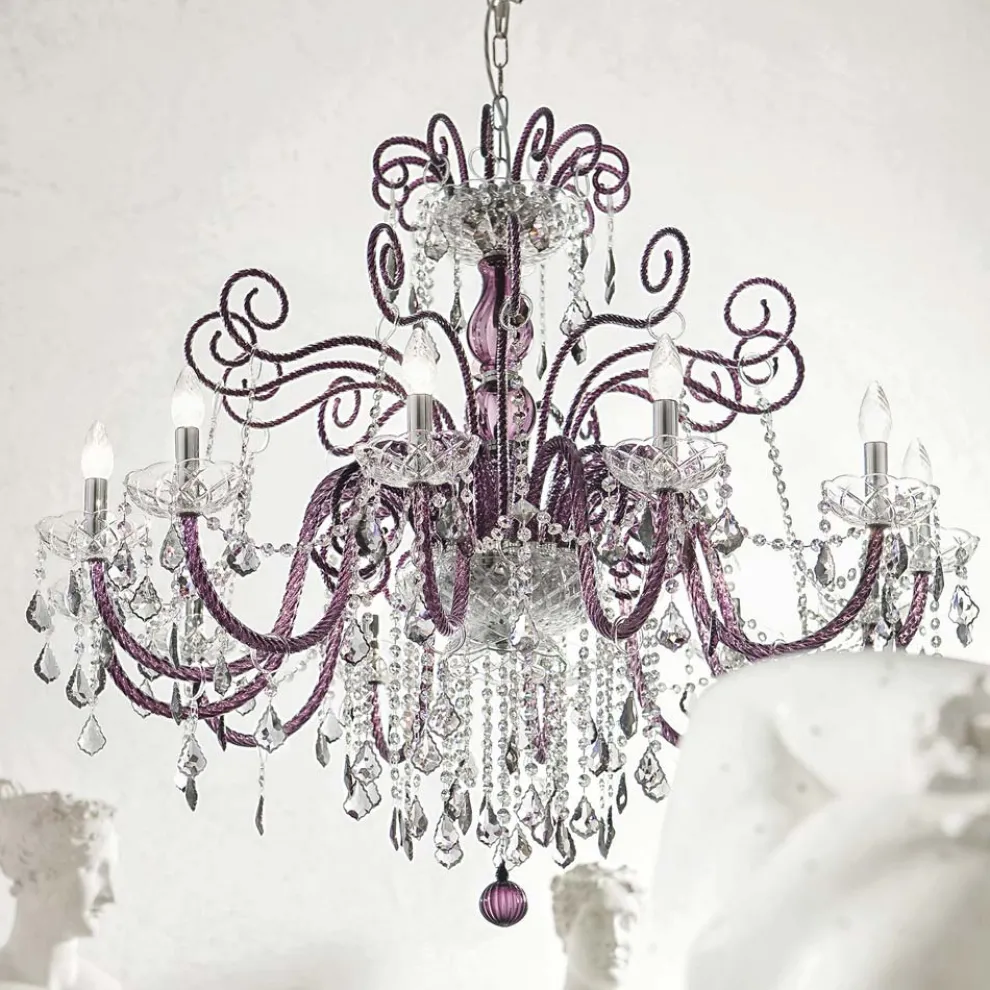 Kronleuchter aus venezianischem Glas mit 12 Lichtern aus Amethyst, hergestellt in Italien - Florentiner