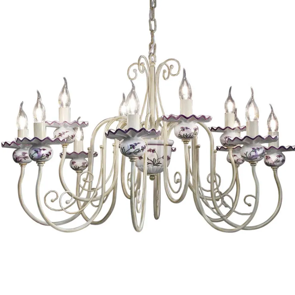 Kronleuchter mit 12 Lichtern aus Keramik Handdekor und antikem Messing - Sanremo