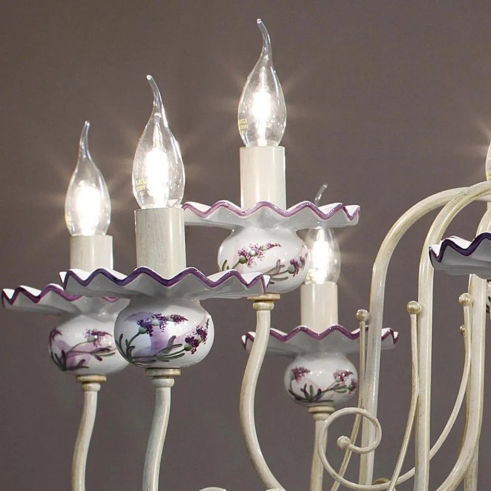 Kronleuchter mit 12 Lichtern aus Keramik Handdekor und antikem Messing - Sanremo