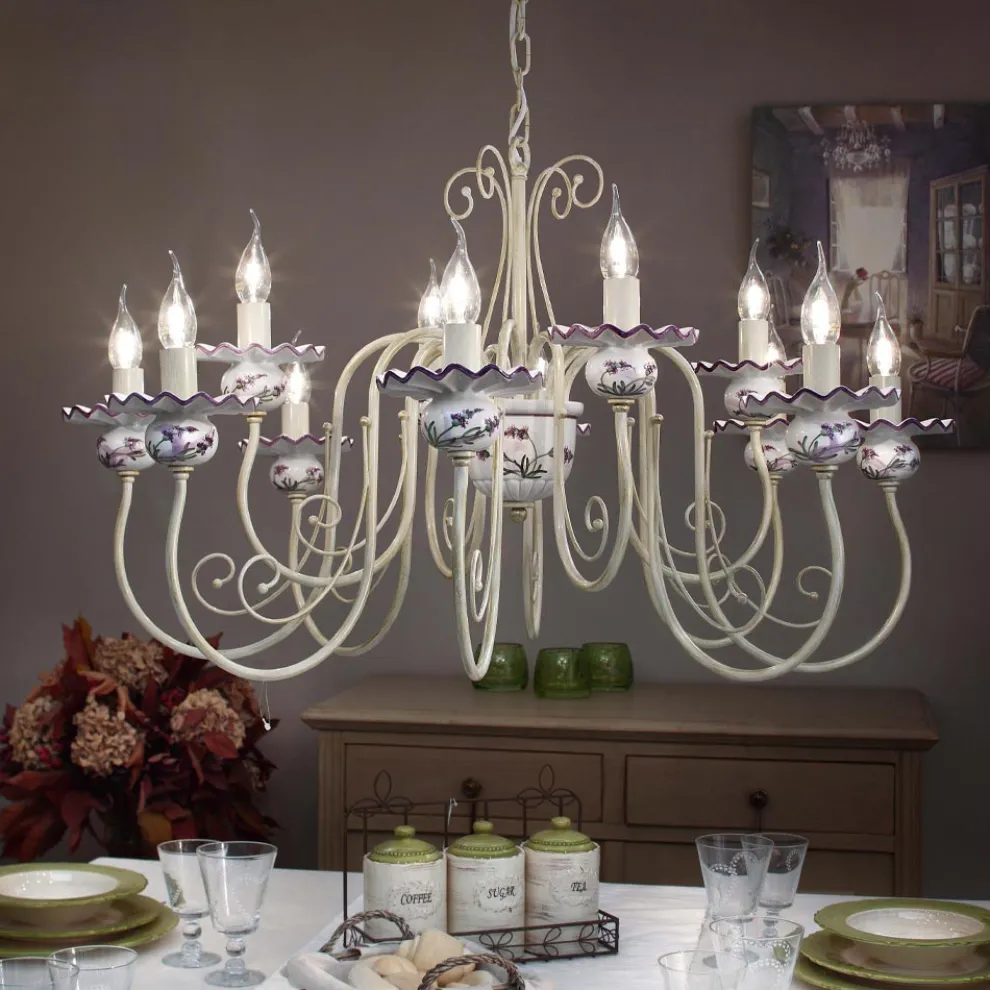 Kronleuchter mit 12 Lichtern aus Keramik Handdekor und antikem Messing - Sanremo