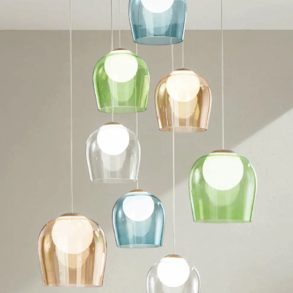 Kronleuchter mit 8 LEDs, optional mit farbigem Glas abgedeckt und Sockel aus Metall – Buche