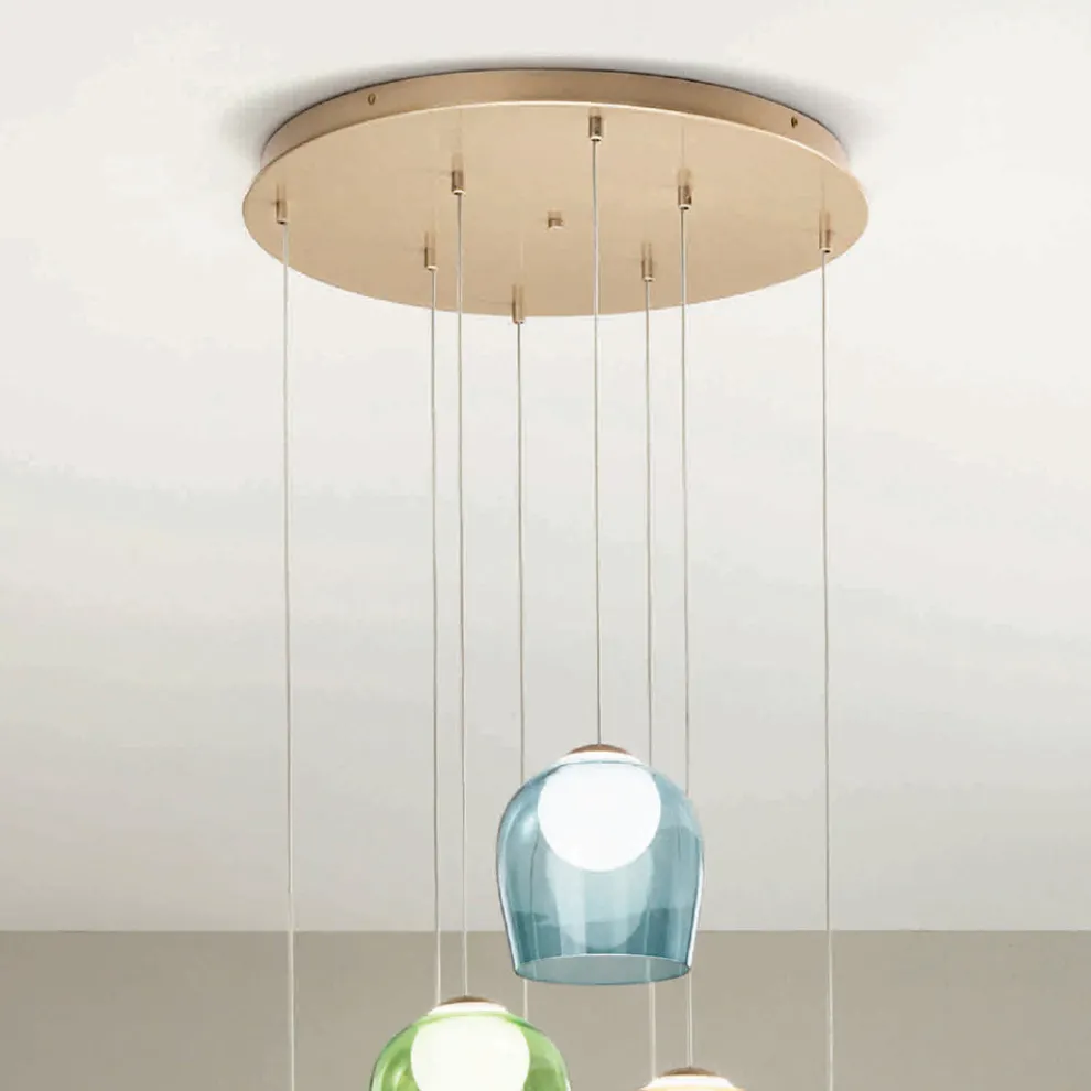 Kronleuchter mit 8 LEDs, optional mit farbigem Glas abgedeckt und Sockel aus Metall – Buche