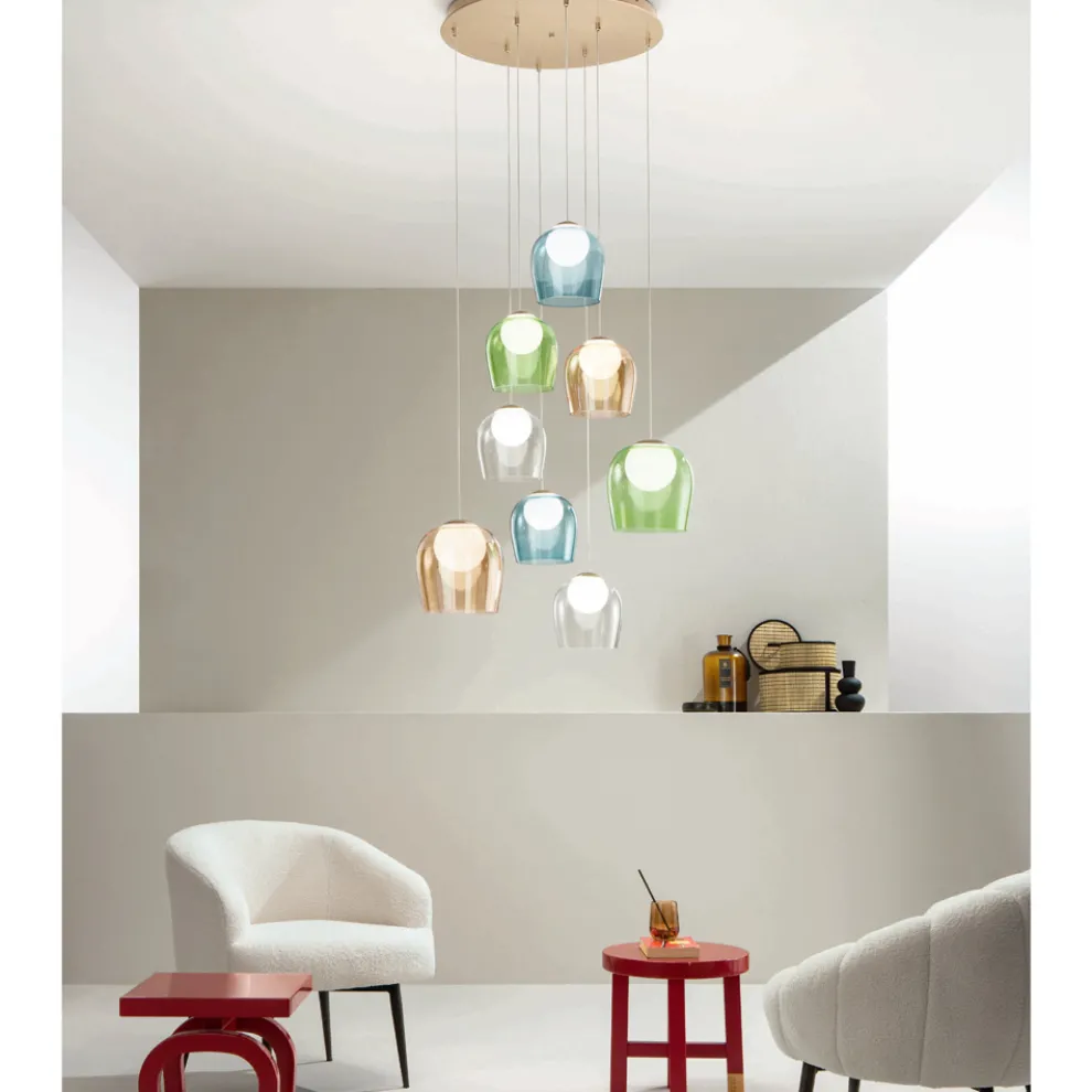 Kronleuchter mit 8 LEDs, optional mit farbigem Glas abgedeckt und Sockel aus Metall – Buche