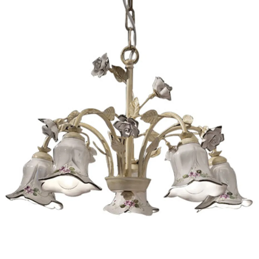 Kronleuchter mit 5 Lichtern aus Metall und handverzierter Keramik und Rosen - Pisa
