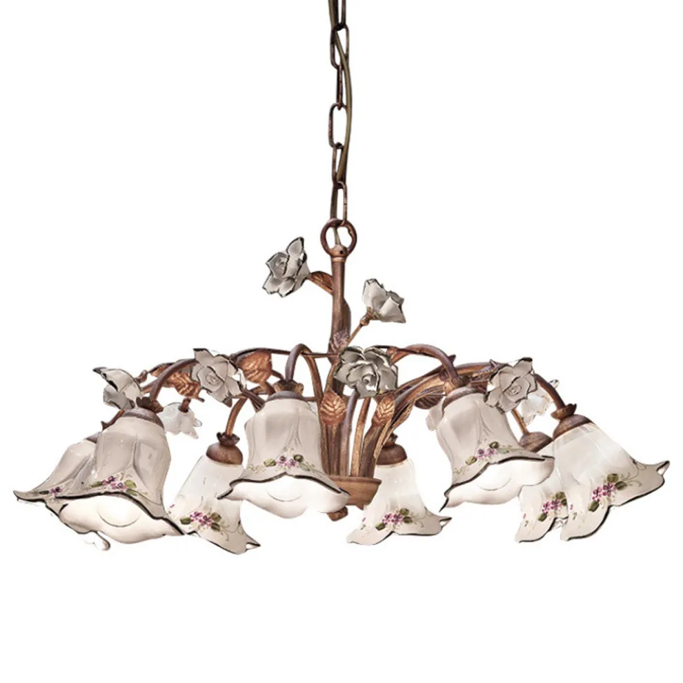 Kronleuchter mit 8 Lichtern aus Metall und handverzierter Keramik und Rosen - Pisa