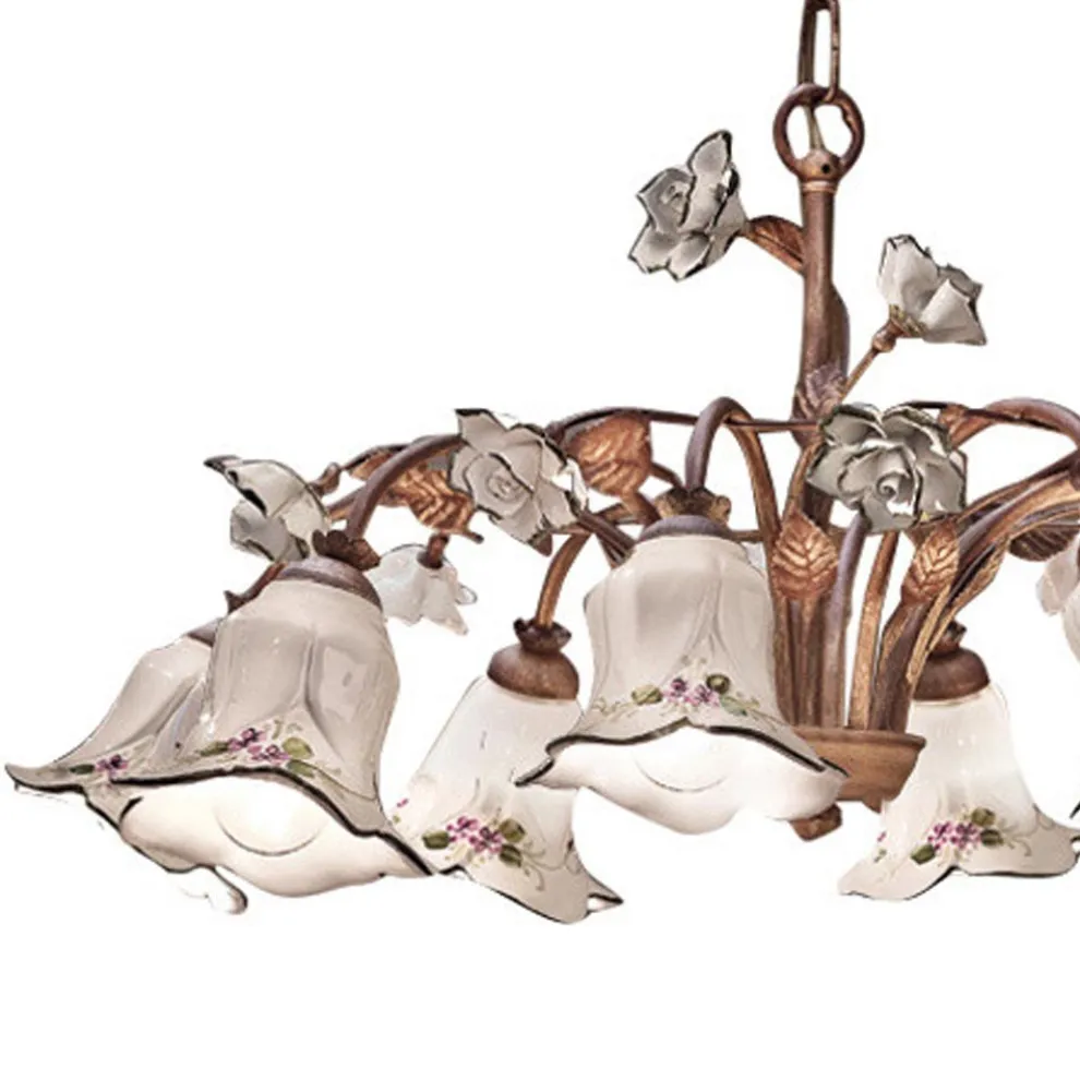 Kronleuchter mit 8 Lichtern aus Metall und handverzierter Keramik und Rosen - Pisa