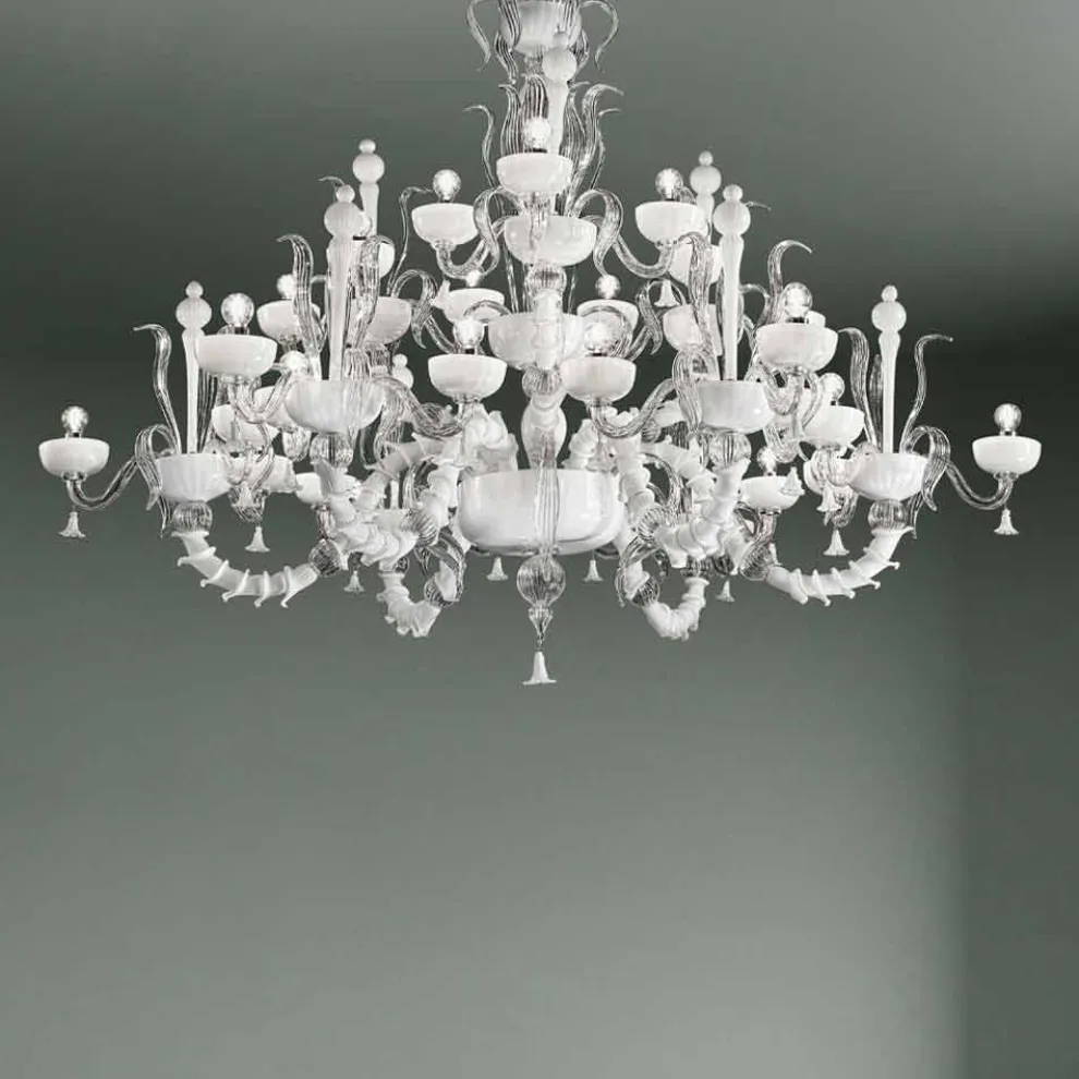 Kronleuchter mit 27 Lichtern aus weißem Venedig Glas, handgefertigt in Italien - Regina