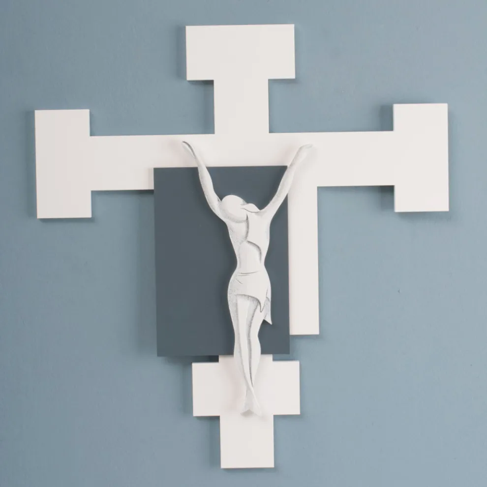 Kruzifix mit weißer Lasergravur und Kies, hergestellt in Italien – Evelina