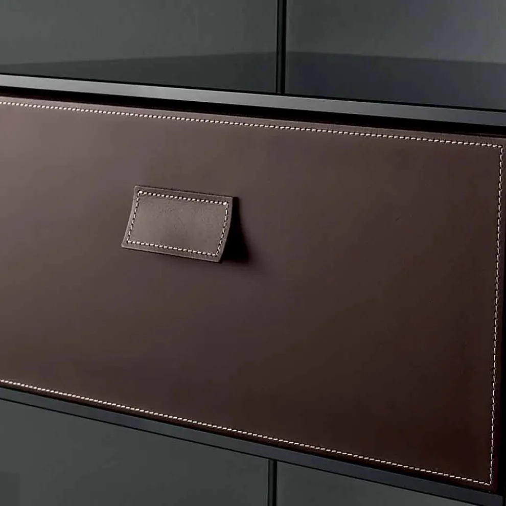 Sofa-Beistelltisch oder Nachttisch aus Rauchglas mit Lederschublade - Linzy