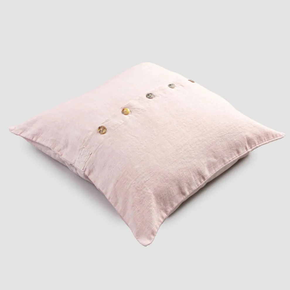 Quadratischer Kissenbezug aus farbigem Leinen mit Agoya-Knöpfen aus Perlmutt - Mittelmeer