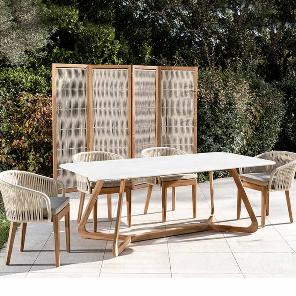 Gartentisch mit Holzsockel und komplett weißer Keramikplatte - Infinity