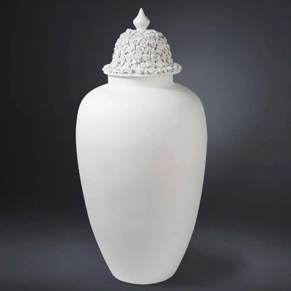 Hohe weiße Keramikvase mit verzierter Spitze Handgefertigt in Italien - Verio