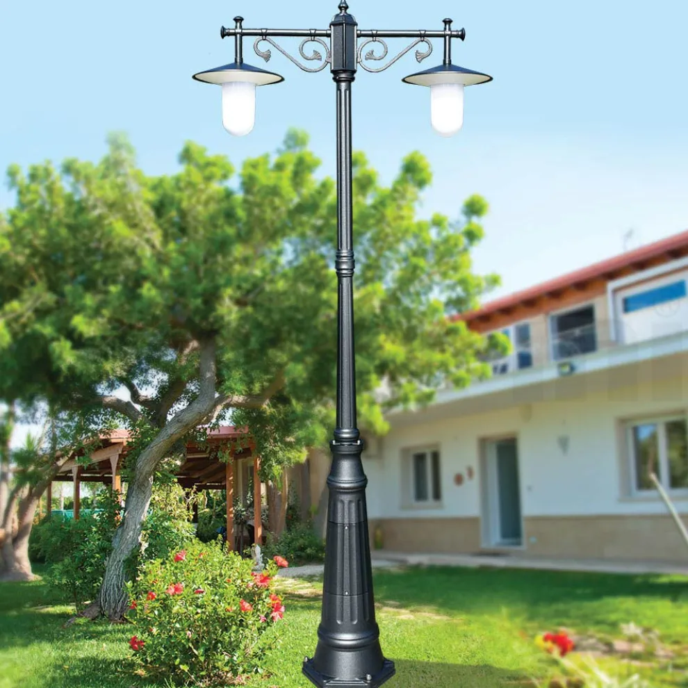 Laternenpfahl 2 Lichter im Vintage-Stil aus grauem Aluminium, hergestellt in Italien – Belen