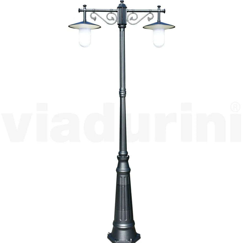 Laternenpfahl 2 Lichter im Vintage-Stil aus grauem Aluminium, hergestellt in Italien – Belen