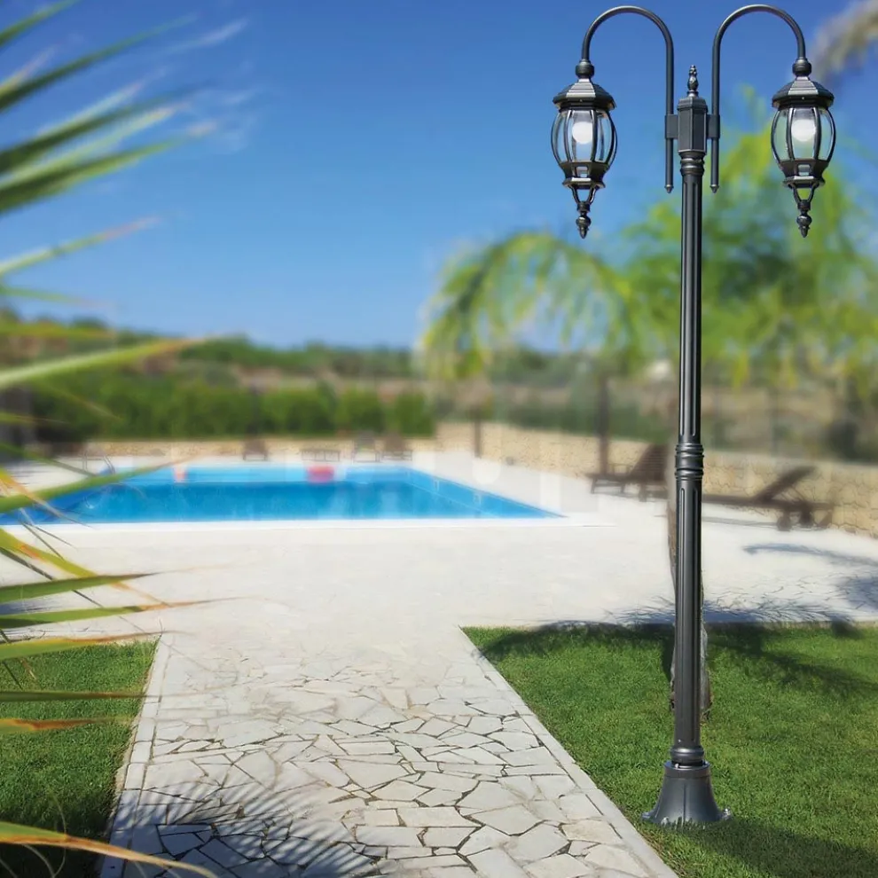 Laternenpfahl im Vintage-Stil, 2 Lichter, aus anthrazitfarbenem Aluminium, hergestellt in Italien – Empire