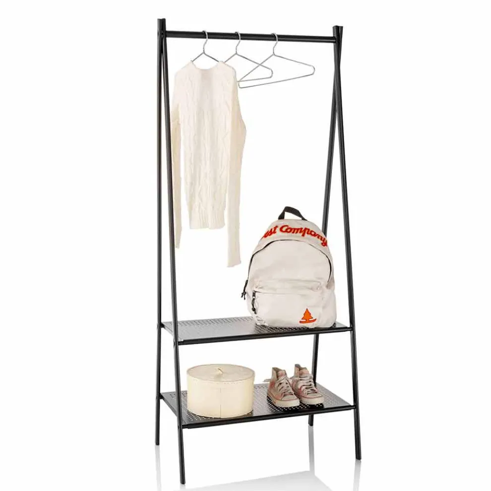 Leiter Kleiderbügel mit Stange und 2 Regalen aus mattschwarz lackiertem Metall - Lupine