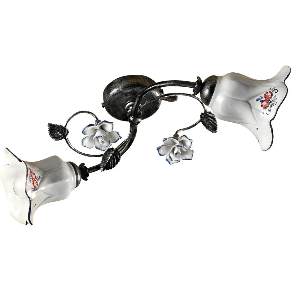 2-Licht-Deckenlampe aus Metall und Keramik mit handgemalten Rosen - Pisa