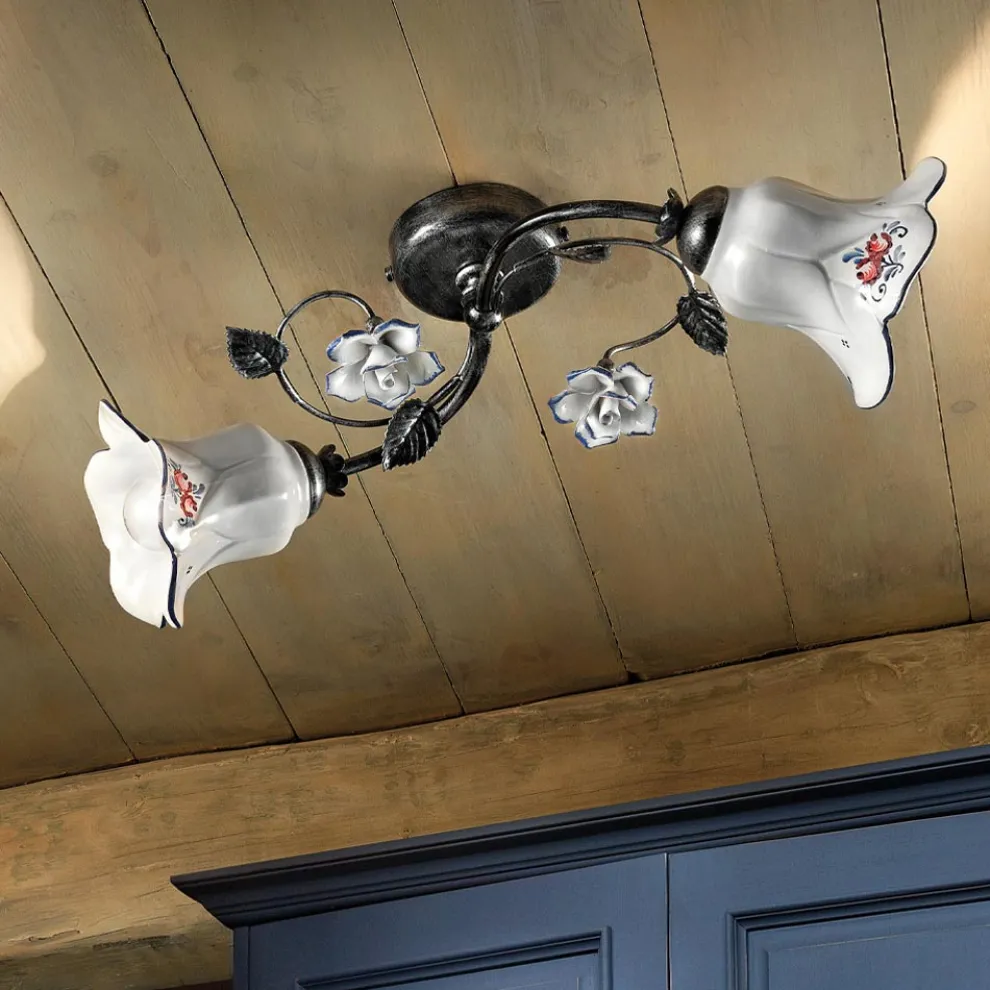 2-Licht-Deckenlampe aus Metall und Keramik mit handgemalten Rosen - Pisa