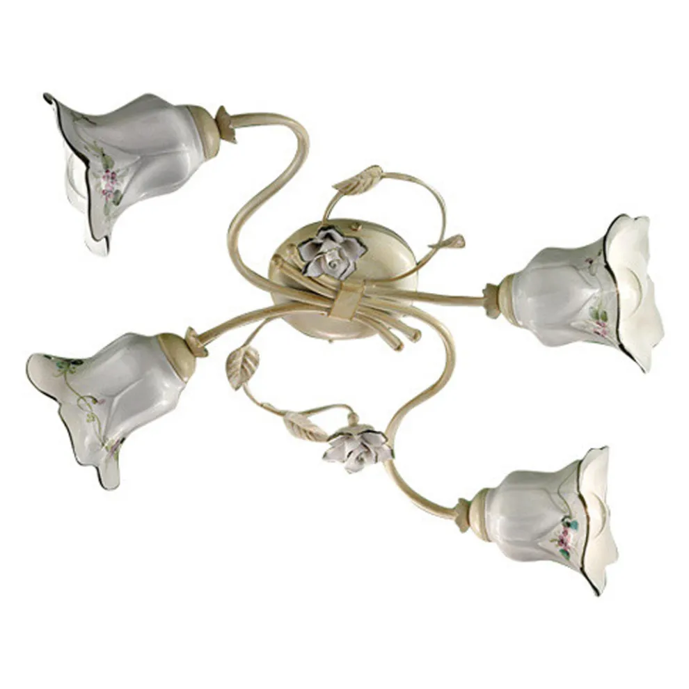 4-Licht-Deckenleuchte aus Metall und Keramik mit handgemalten Rosen - Pisa