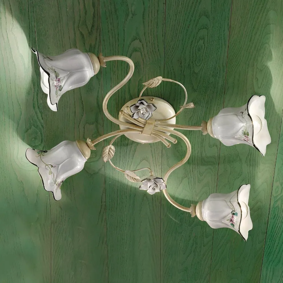 4-Licht-Deckenleuchte aus Metall und Keramik mit handgemalten Rosen - Pisa