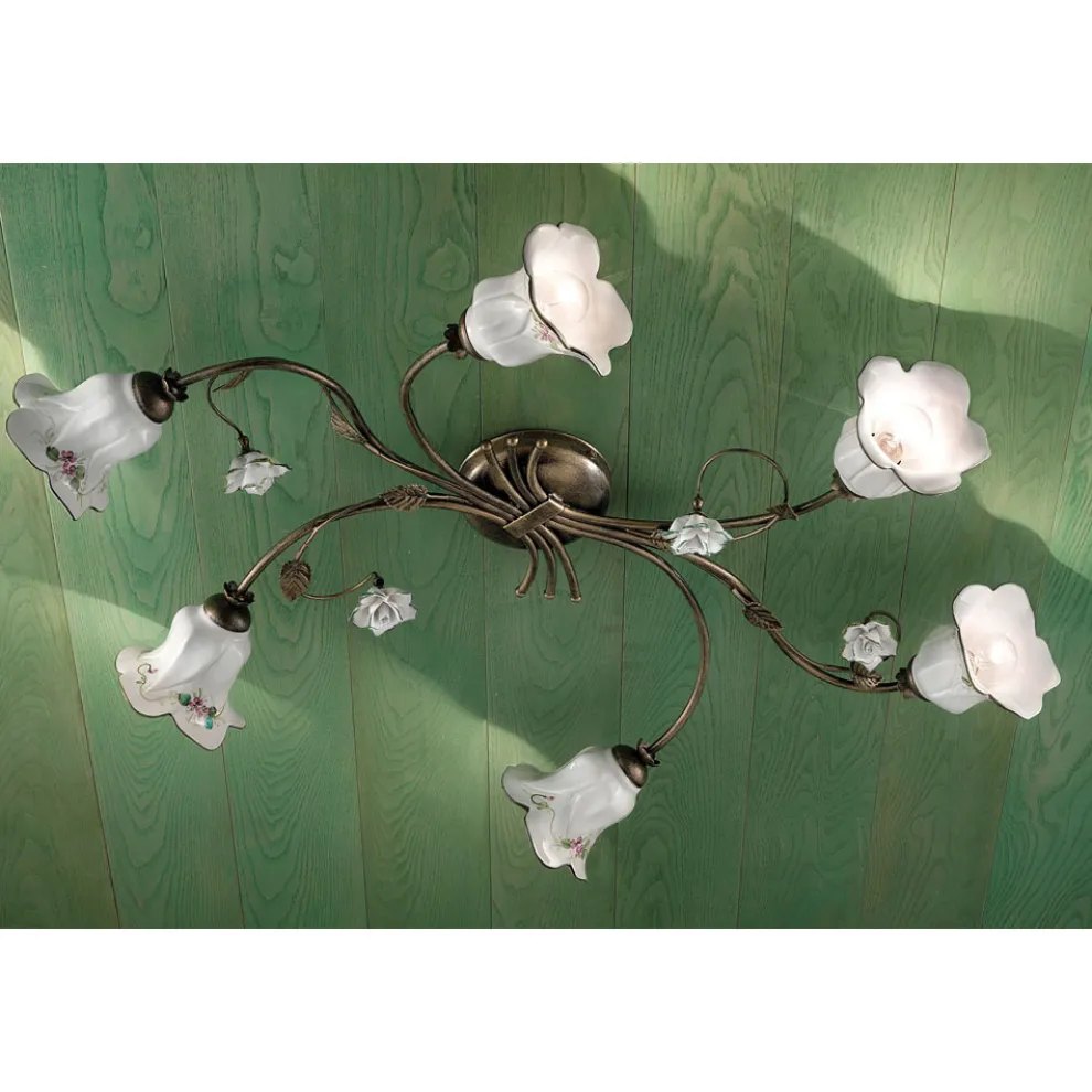 6-Licht-Deckenleuchte aus handwerklicher Keramik mit verzierten Rosen - Pisa