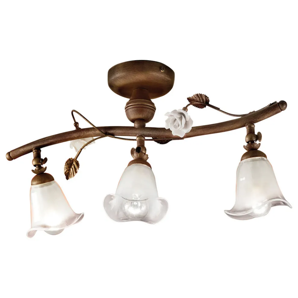 Lineare Deckenleuchte mit 3 Leuchten aus Eisen, Glas und Keramikrosen - Siena