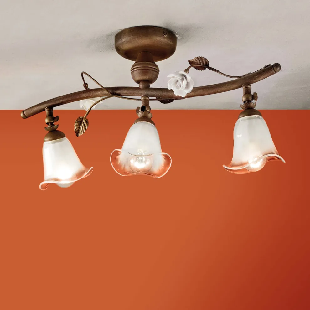 Lineare Deckenleuchte mit 3 Leuchten aus Eisen, Glas und Keramikrosen - Siena