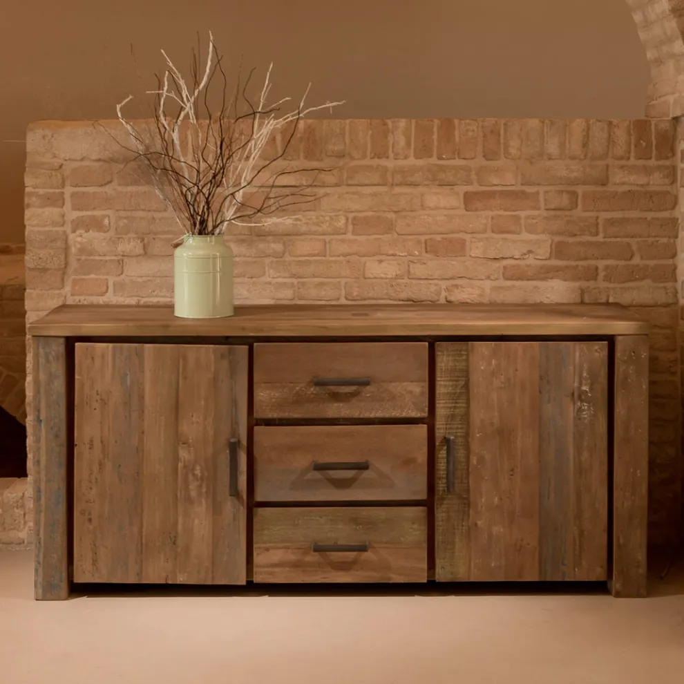 Living Sideboard mit 2 Türen und 3 zentralen Schubladen aus recyceltem Holz - Slide