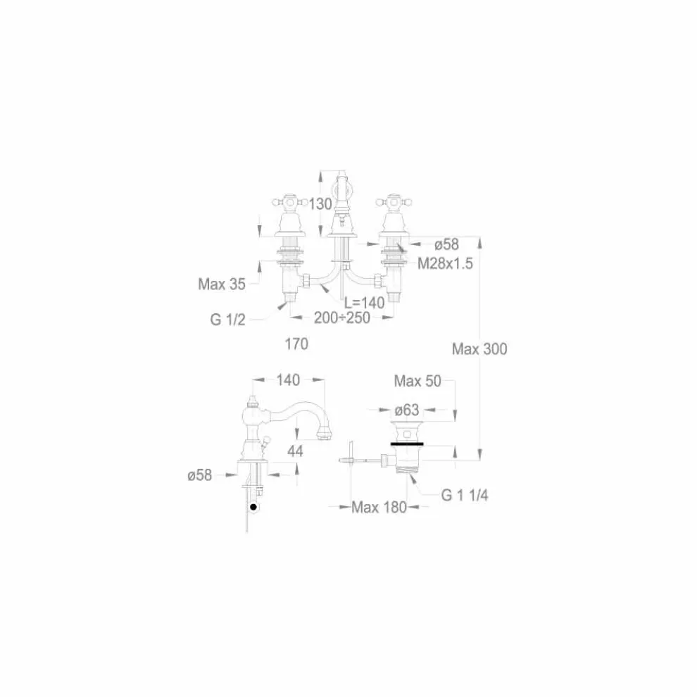 3-Loch-Waschtischmischer 130 mm hoch aus Messing Made in Italy - Binsu