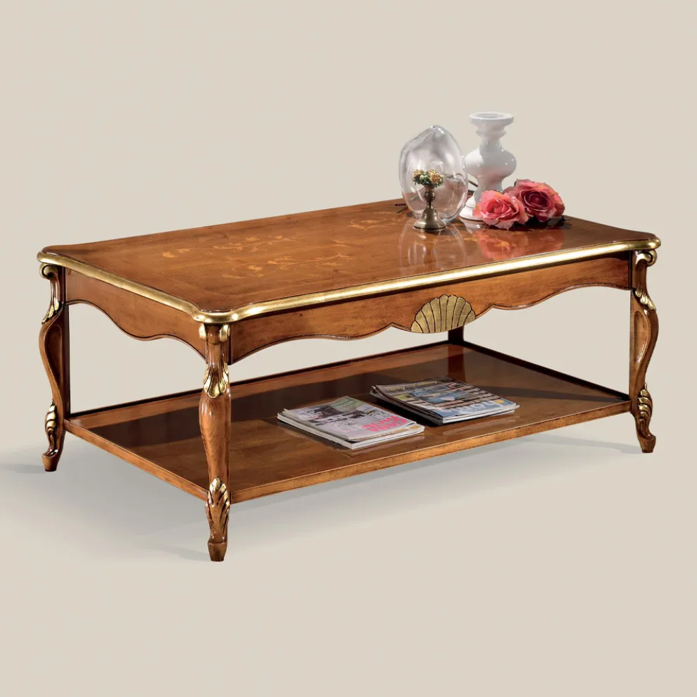 Luxuriöser Couchtisch aus Walnussholz und Gold mit Intarsien Made in Italy - Cambrige
