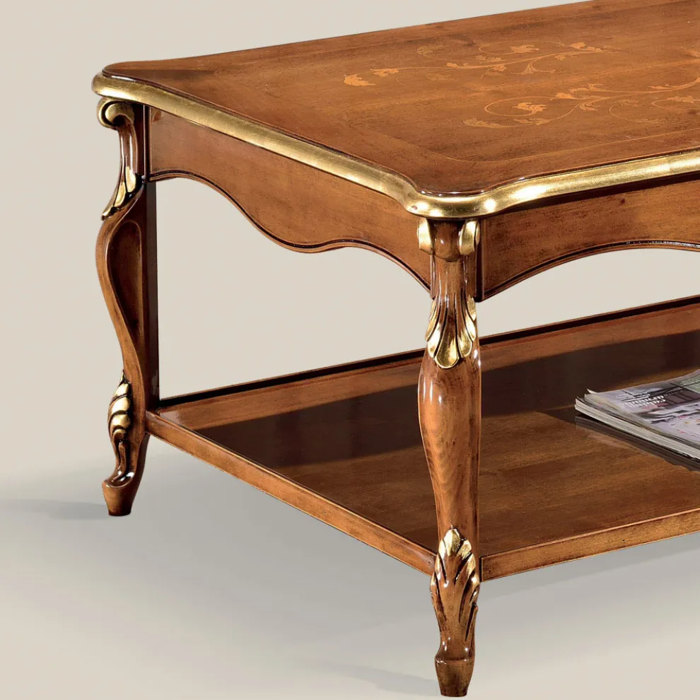 Luxuriöser Couchtisch aus Walnussholz und Gold mit Intarsien Made in Italy - Cambrige