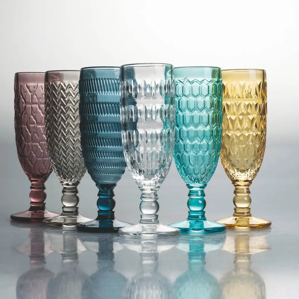 Flötenkelch-Set aus farbigem Glas und verschiedenen Dekorationen 12-teilig - Mix