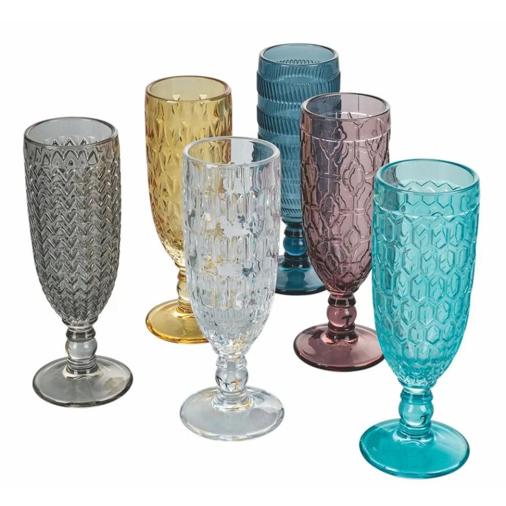 Flötenkelch-Set aus farbigem Glas und verschiedenen Dekorationen 12-teilig - Mix