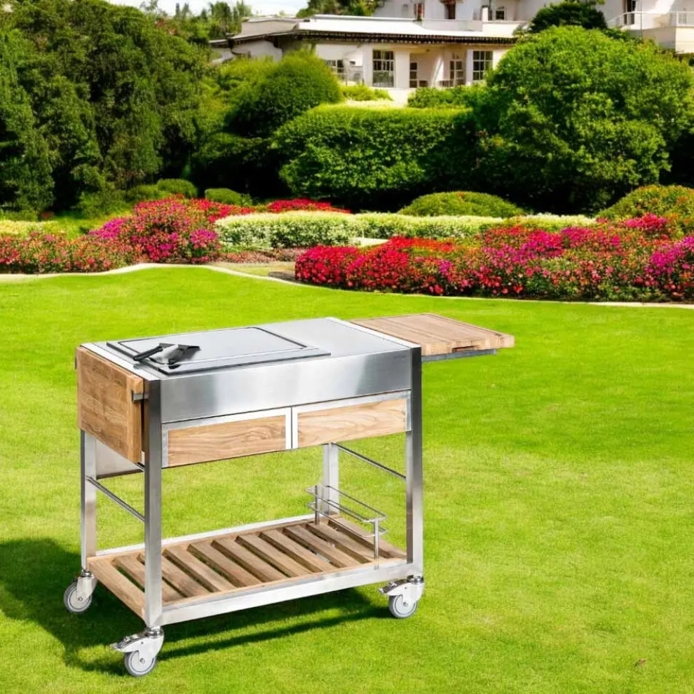 Außenküche auf Rädern aus Stahl und Holz mit Teppanyaki - Buoncalliope