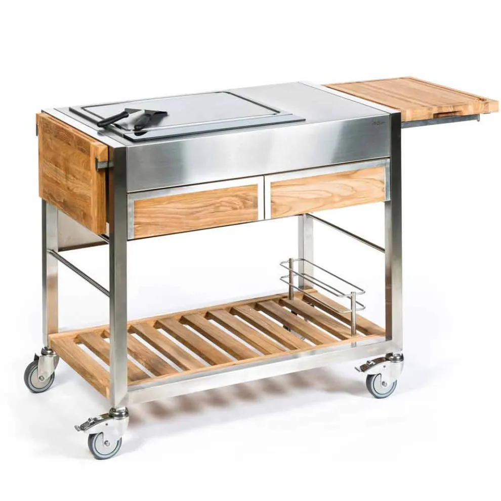 Außenküche auf Rädern aus Stahl und Holz mit Teppanyaki - Buoncalliope