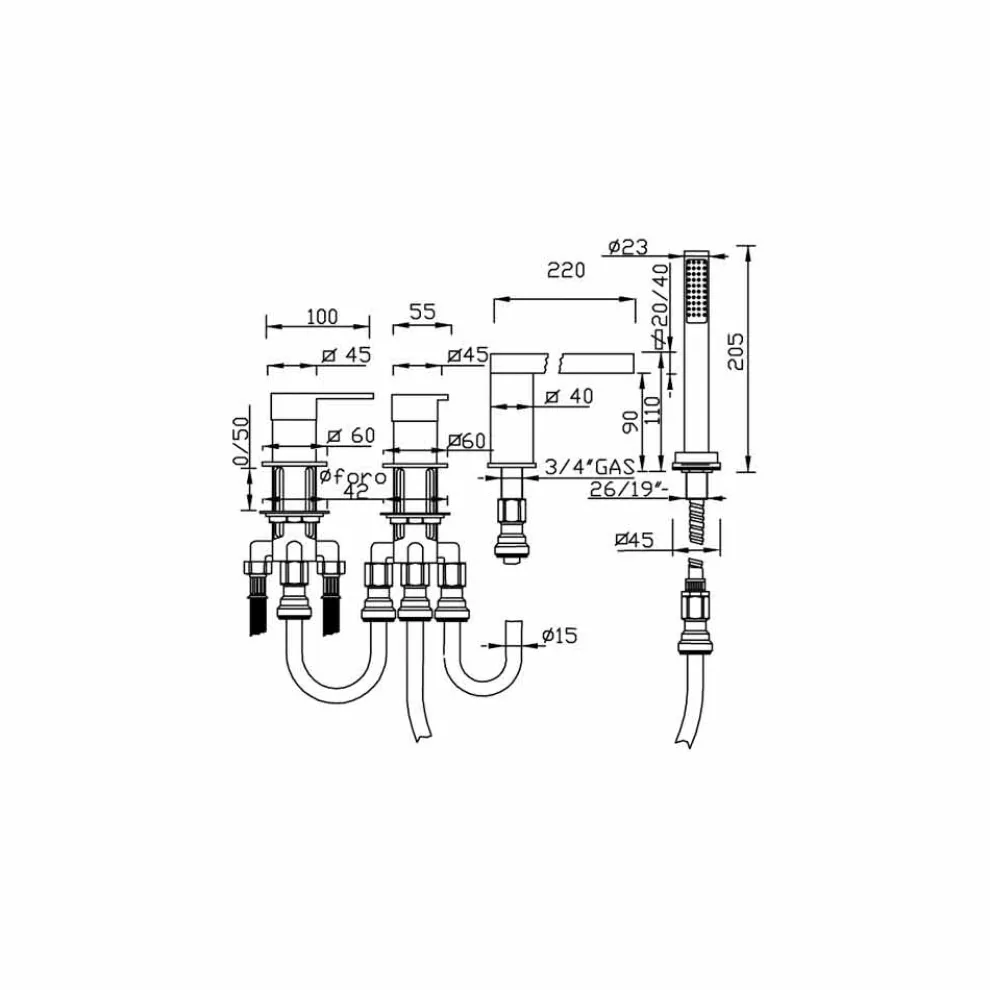 Made in Italy Design Messing 4-Loch-Badewannenmischer - Panela