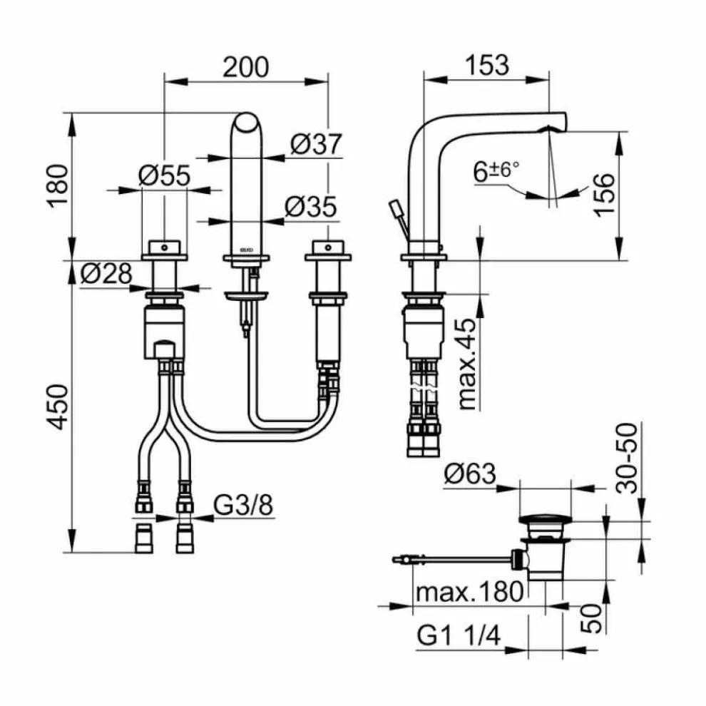 Messing 3-Loch Becken Wasserhahn Höhe 15 cm Luxus Design - Pinto