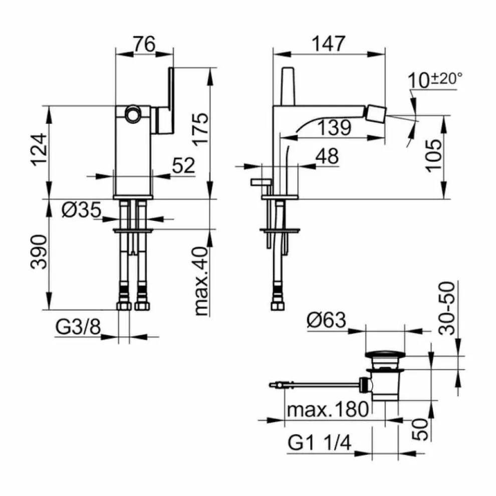 Messing-Einhebel-Bidetmischer mit Ablauf, kostbares Design - Etto