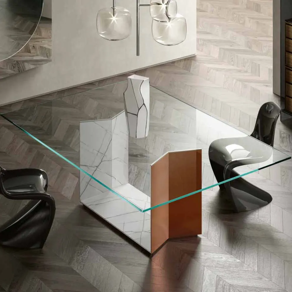 Metall- und Marmortisch mit luxuriöser Glasplatte Made in Italy - Minera