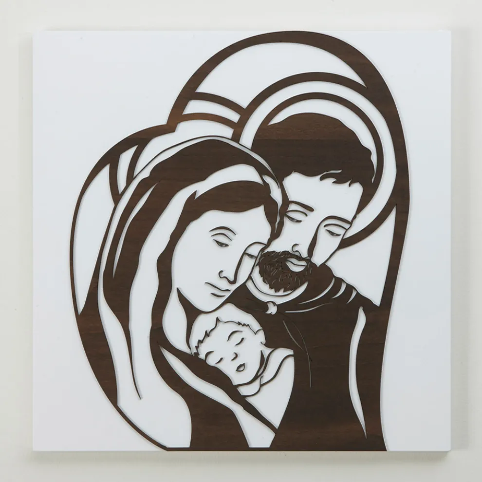 Mit Lasergravur gefertigte Tafel mit Darstellung des heiligen Josef und der Familie – Hina