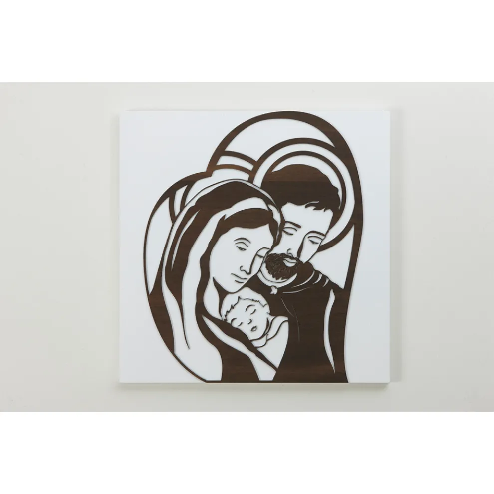 Mit Lasergravur gefertigte Tafel mit Darstellung des heiligen Josef und der Familie – Hina