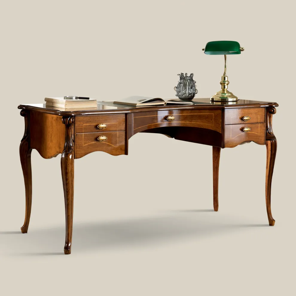 Klassischer Schreibtisch 5 Schubladen aus Holz und Kunstleder Made in Italy - Commodo