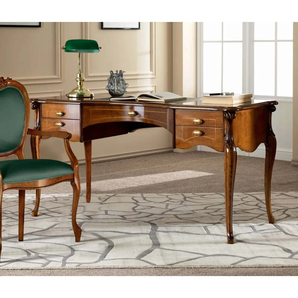 Klassischer Schreibtisch 5 Schubladen aus Holz und Kunstleder Made in Italy - Commodo