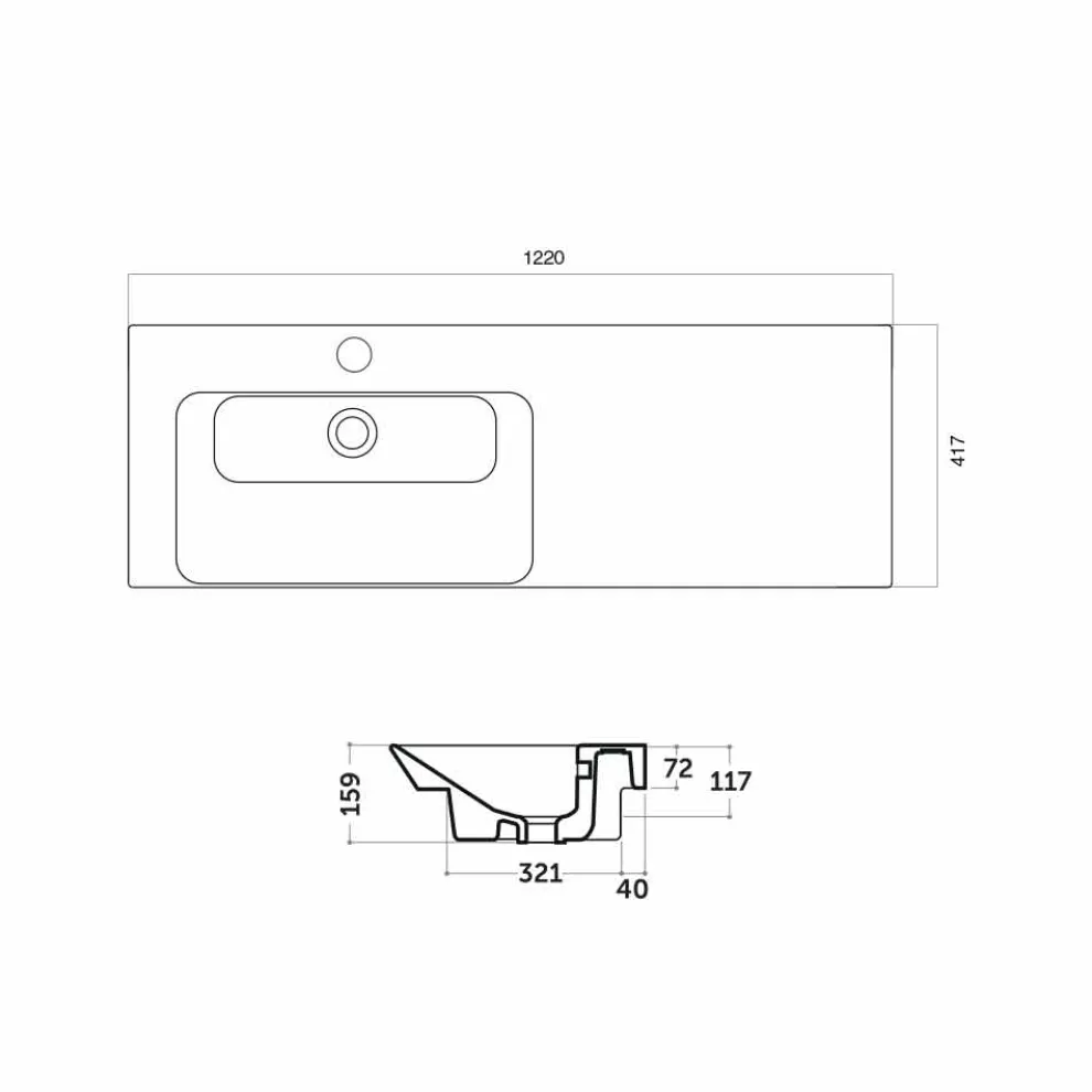 Moderne Spüle zur Wandmontage und linker Wandeinsatz aus Keramik Maida
