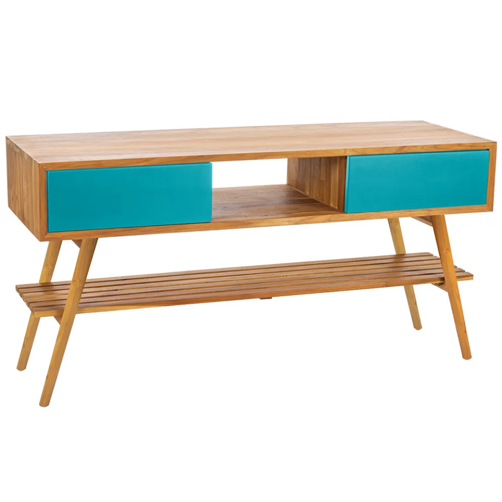 Moderner Badezimmerschrank aus natürlichem Teakholz mit blauen Mahagonischubladen - Hamadou