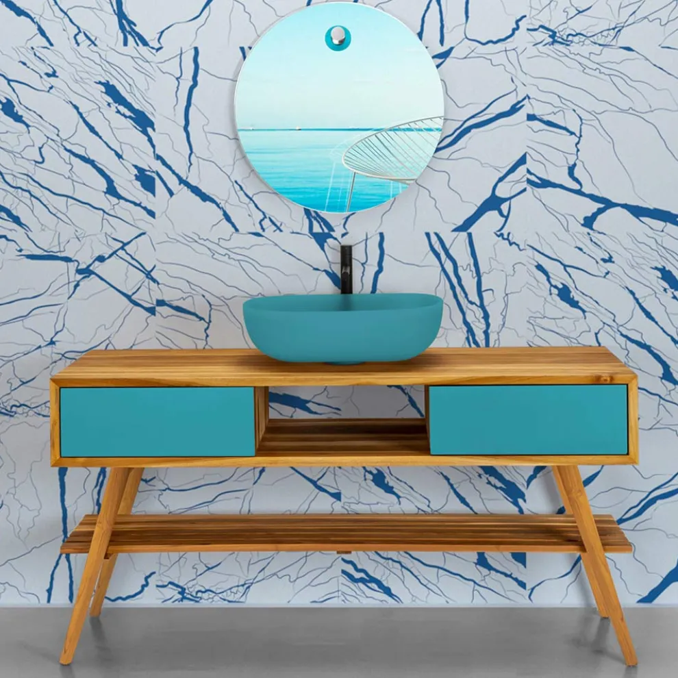 Moderner Badezimmerschrank aus natürlichem Teakholz mit blauen Mahagonischubladen - Hamadou