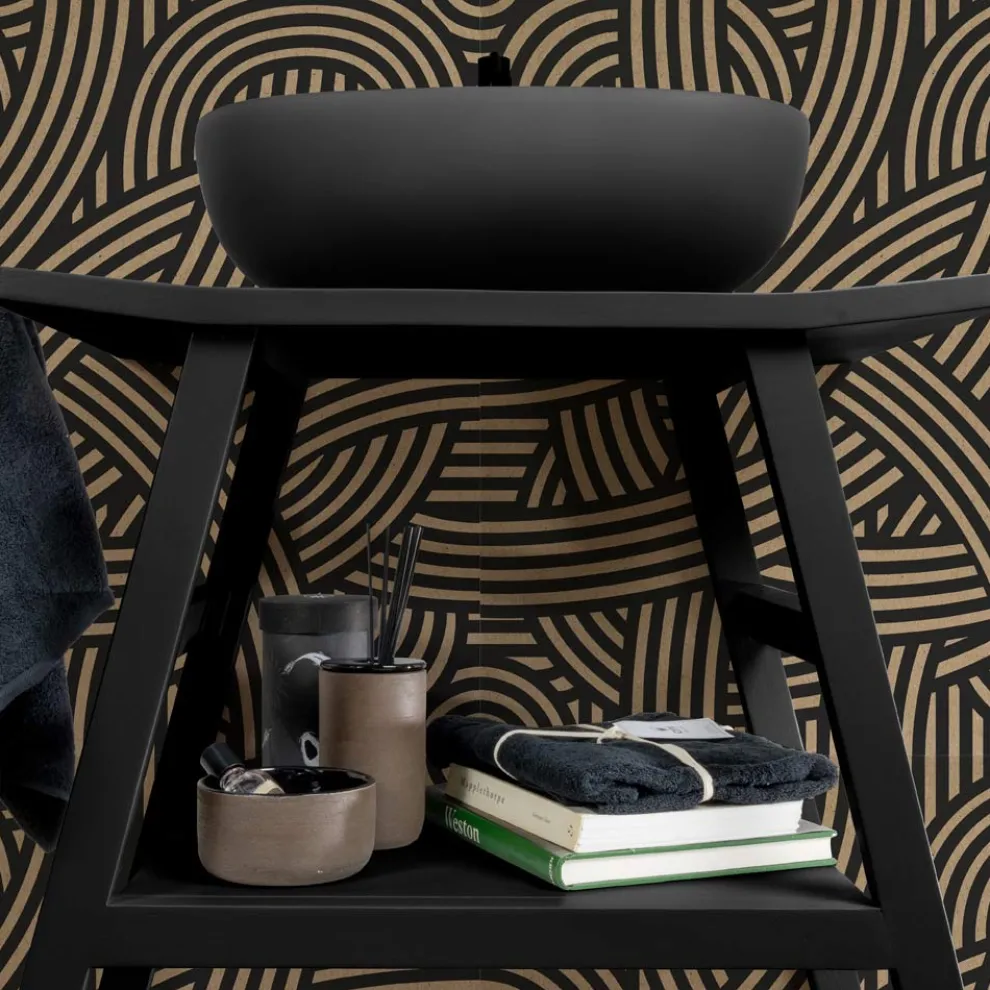 Moderner Badezimmerschrank aus mattschwarzem Teakholz mit unterer Ablage - Crina